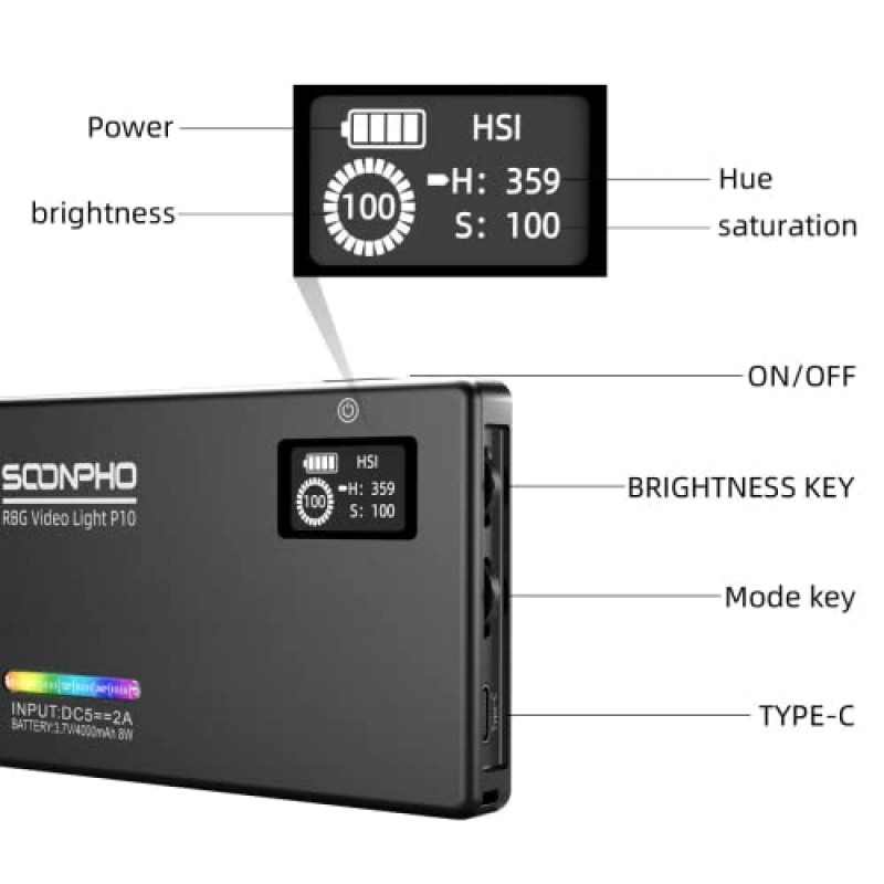 Soonpho P10 RGB LED 비디오 조명, 360° 컬러 출력 CRI97+, 2500K-8500K, 0-100 밝기, DSLR 카메라용 4400mAh, 사진, 블로깅, 창의적인 촬영을 지원하는 카메라 비디오 조명 패널의 휴대용 LED