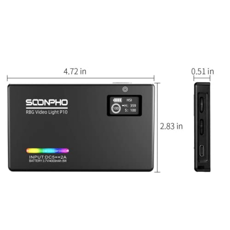 Soonpho P10 RGB LED 비디오 조명, 360° 컬러 출력 CRI97+, 2500K-8500K, 0-100 밝기, DSLR 카메라용 4400mAh, 사진, 블로깅, 창의적인 촬영을 지원하는 카메라 비디오 조명 패널의 휴대용 LED