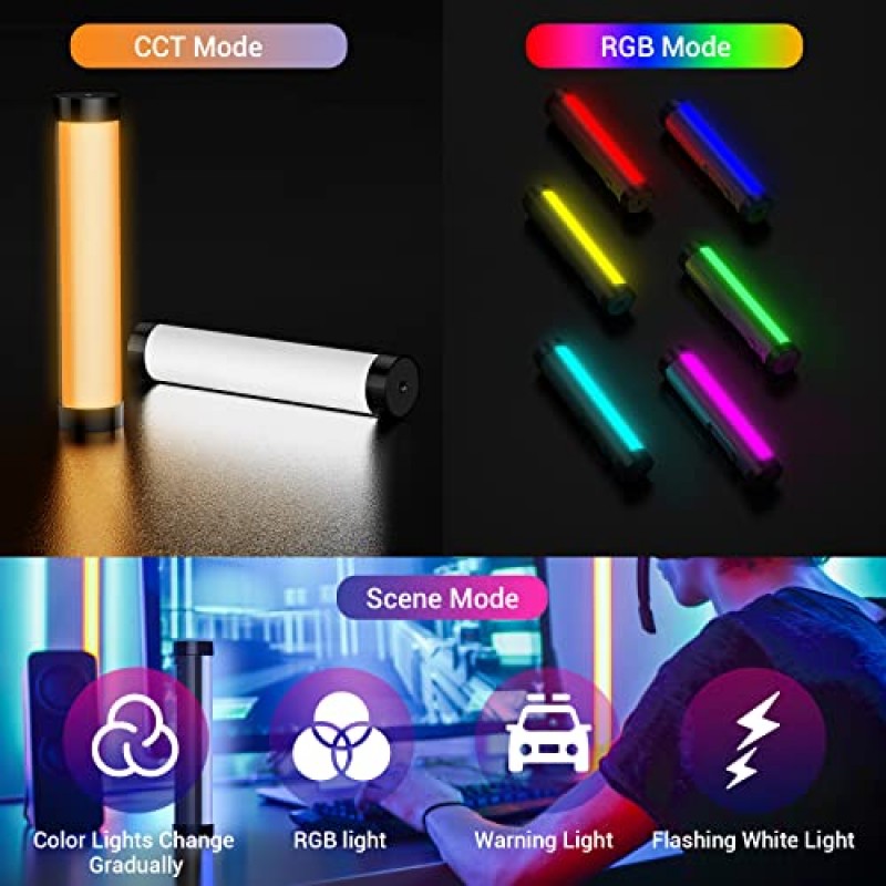 LUXCEO 핸드헬드 라이트 완드, 사진용 다색 RGB LED 비디오 라이트, 비디오 촬영용 2000mAh 충전식 미니 라이트 스틱 YouTube용 마그네틱 전문 튜브 라이트, TikTok(검은색)