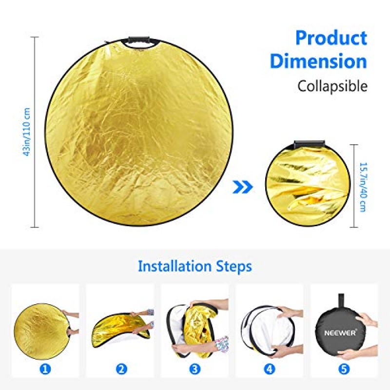 NEEWER 43인치/110cm 라이트 반사경 라이트 디퓨저 5 in 1 접이식 멀티 디스크(싱글 그립 및 가방 포함) - 스튜디오 사진 조명 및 야외 조명용 반투명, 실버, 골드, 화이트, 블랙