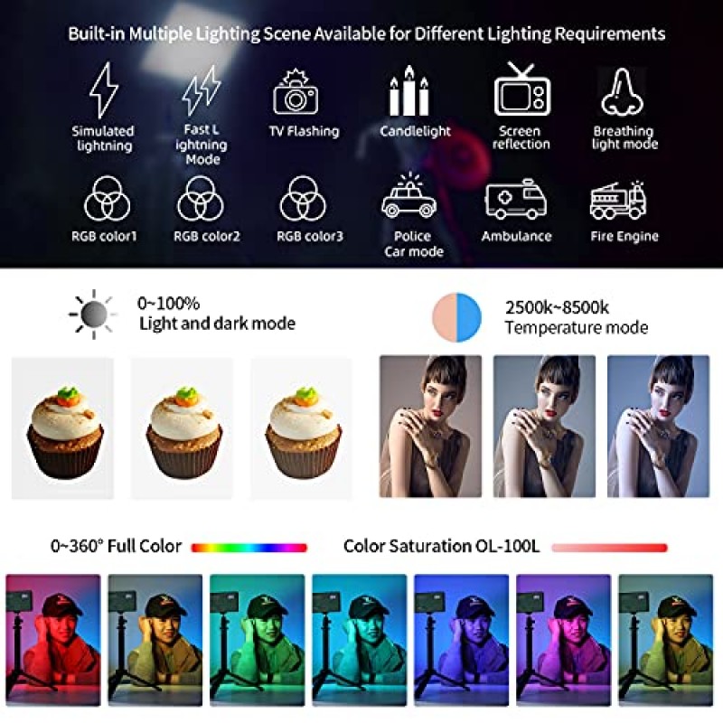 RGB LED 비디오 조명, 풀 컬러 LED 카메라 조명, 화상 회의용 2500-8500K 사진 조명 패널 YouTube 비디오 녹화 또는 Vlog용 휴대용 RGB 조명, 4400mAh 충전식 배터리