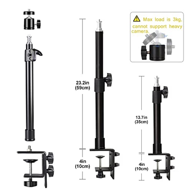 데스크 카메라 마운트 스탠드, 링 라이트 데스크 마운트, 탁상용 C 클램프 마운트 스탠드, 조정 가능한 라이트 스탠드, 2팩 웹캠 스탠드, 표준 1/4 나사 팁이 포함된 카메라 클램프 휴대폰 암 스탠드, 최대 하중 11파운드