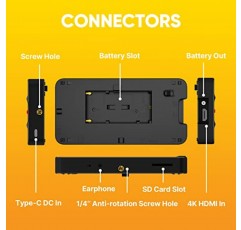 Osee T5+ 5.5인치 일광 가시성 1000니트 DSLR 카메라 필드 모니터(3D LUT 포함) HDR 와이드 컬러 영역 비디오 모니터 4K-HDMI 노출 초점 지원 DC 입력 출력 원키 작동