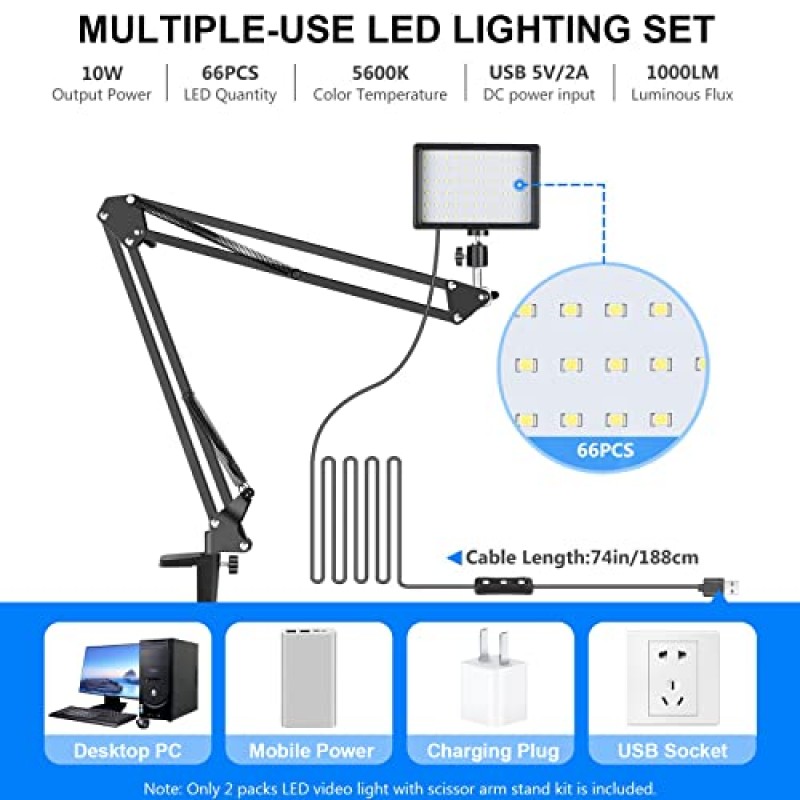 줌 통화 회의/원격 작업/자체 방송/YouTube 비디오/라이브 스트리밍을 위한 Newks 화상 회의 조명 키트: 가위 암 스탠드 및 컬러 필터가 포함된 조광 가능 5600K LED 비디오 조명 2팩