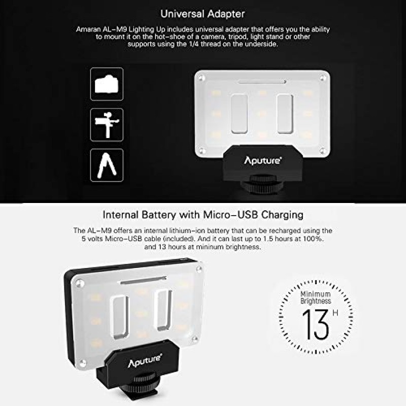 Aputure Amaran AL-M9 LED 조명 배터리 내장 Pockable 미니 TLCI/CRI 95+ 카메라 비디오 조명 DSLR 카메라용 9pcs SMD 조명