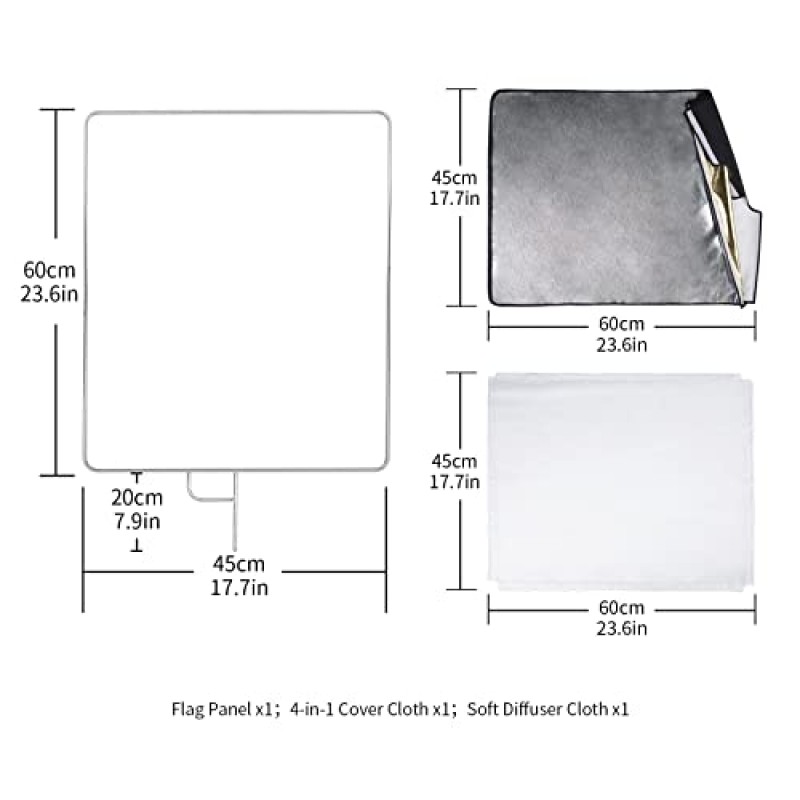 Selens 18인치 x24인치 조명 반사판 플래그(프레임 포함), 5-in-1 커버 천 및 디퓨저 금색 및 은색, 스튜디오 사진 조명용 흑백
