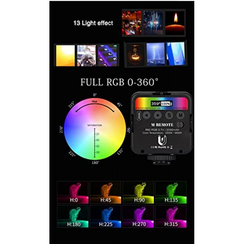 M-REMOTE RGB 비디오 조명 360° 풀 컬러 LED 카메라 조명, 3개의 콜드 슈, CRI 95+, 13가지 장면 모드, 2500K~9000K, 2000mAh 휴대용 포켓 사진 조명 Vlog 필 라이트 스마트폰 DSLR SLR 램프