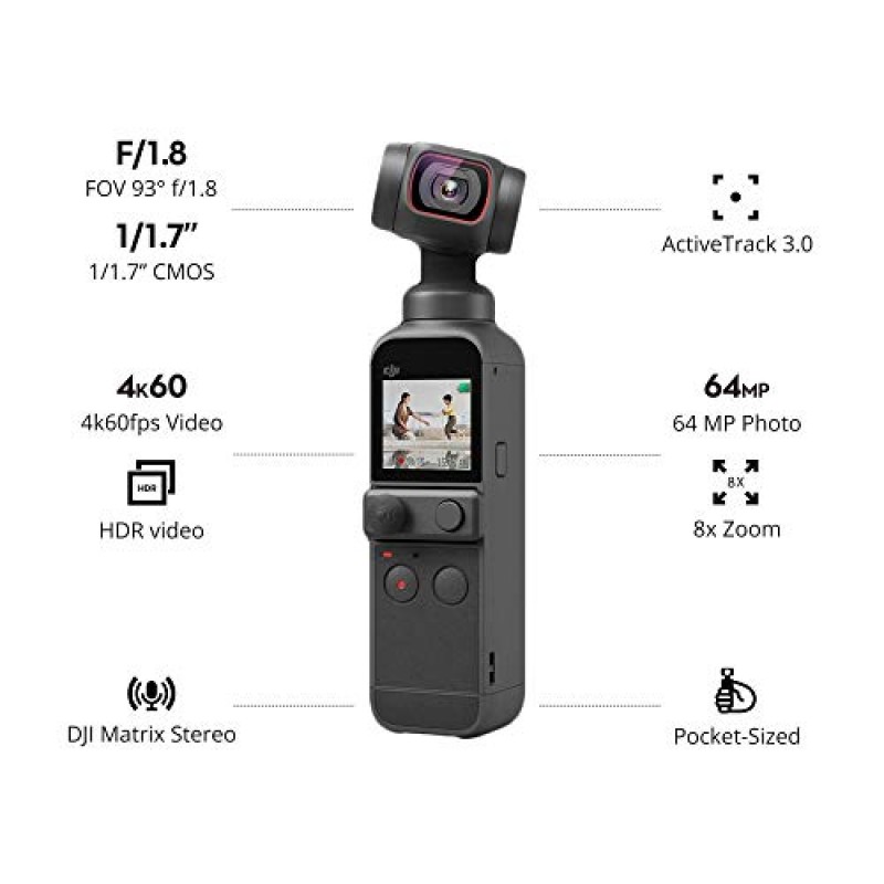 DJI Pocket 2 - 4K 카메라, 1/1.7인치 CMOS, 64MP 사진, 포켓 사이즈, ActiveTrack 3.0(리뉴얼)을 탑재한 휴대용 3축 짐벌 안정기