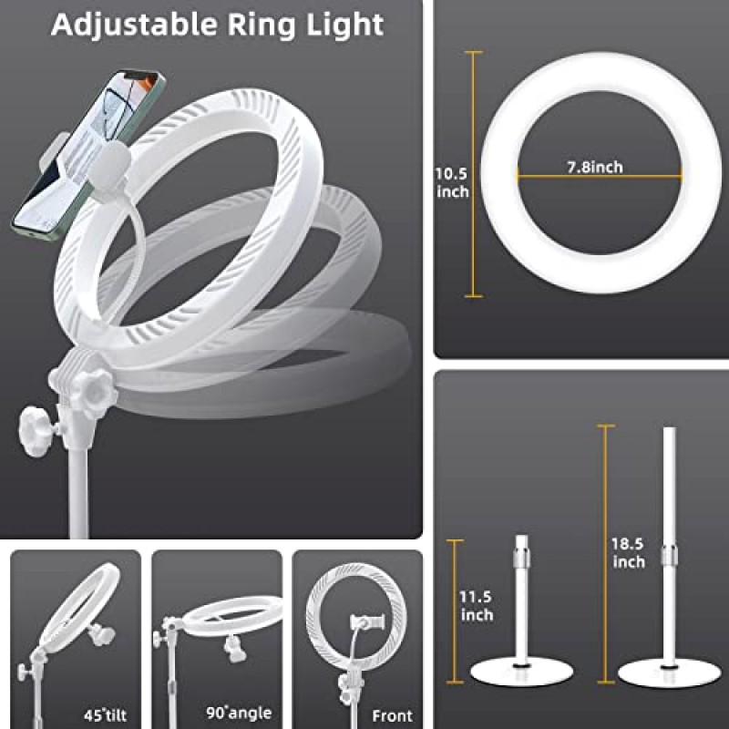 노트북 컴퓨터용 화상 회의 조명, 원격 작업을 위한 스탠드 및 휴대폰 홀더가 있는 10.5인치 셀카 링 조명, 줌 회의 통화, 웹캠 조명, 라이브 스트리밍, 비디오 녹화(흰색)