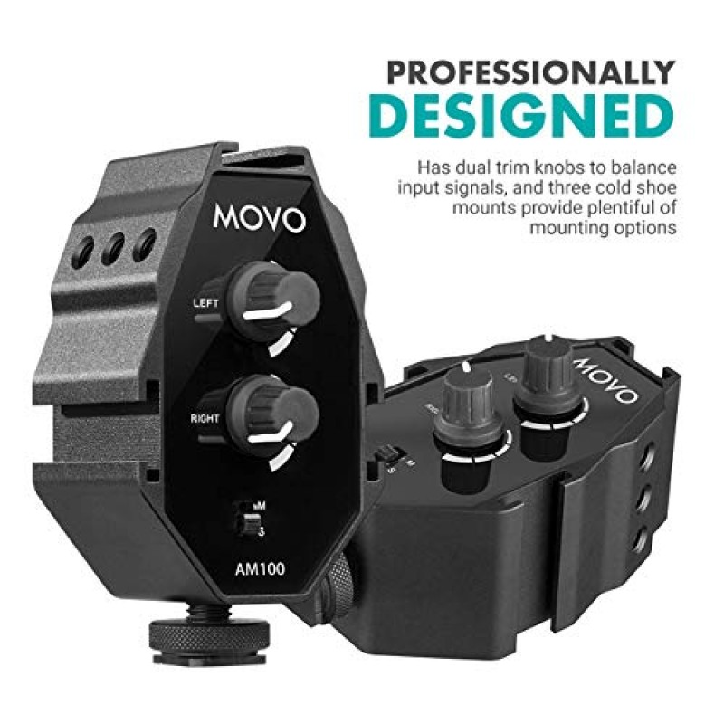 Movo AM100 2채널 마이크 오디오 믹서 3.5mm TRS DSLR 카메라 및 스마트폰과 호환 가능