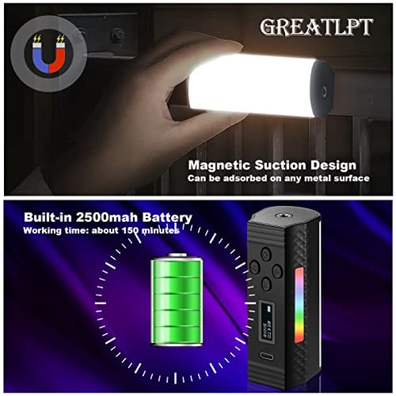 GreatLPT RGB 휴대용 조명봉, 자기 휴대용 LED 조명봉, 0-360° 풀 컬러, 2500-8500K 조광 가능, CRI95+, YouTube, TikTok, Vlog, 라이브 스트리밍용 충전식 비디오 조명봉