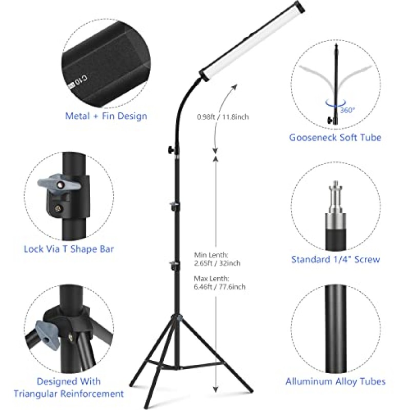 2 팩 RGB LED 비디오 조명 완드 키트, QEUOOIY 360° 풀 컬러 2500-9500K LED 사진 조명 스틱, 32-77.6