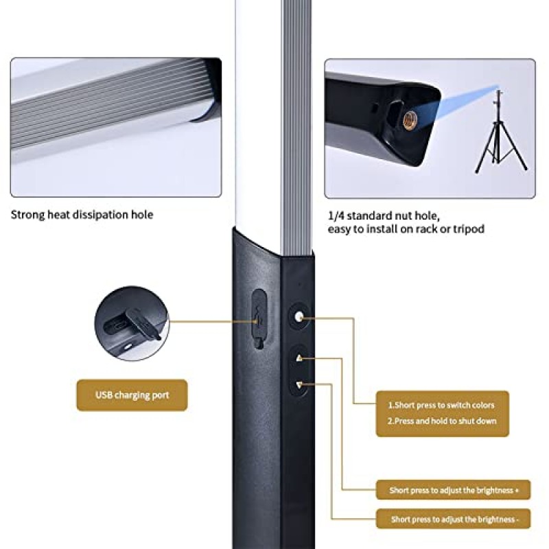 조명 지팡이 사진 LED RGB 휴대용 휴대용 ZKEEZM 9가지 색상 온도, 1000 루멘 사진 비디오 조명 스틱, 조정 가능 3000-6000K, USB 충전식 배터리 12 밝기 레벨 CRI95+