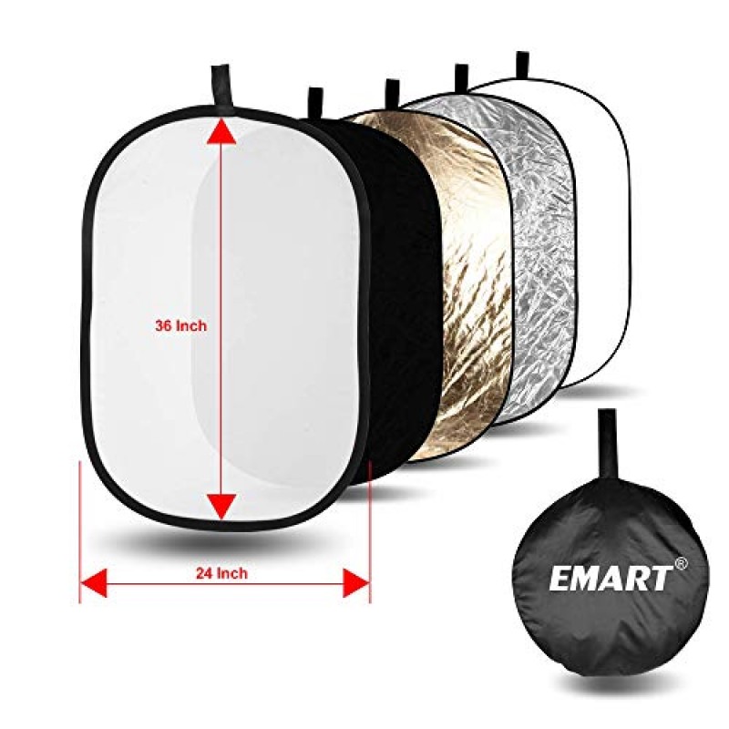 Emart 사진 스튜디오 60cm x 90cm/24' x 36' 타원형 5-in-1 휴대용 다중 접이식 디스크 조명 반사경(반투명, 은색, 금색, 흰색 및 반사경 클램프 홀더 포함) 및 8.5피트 스탠드 키트