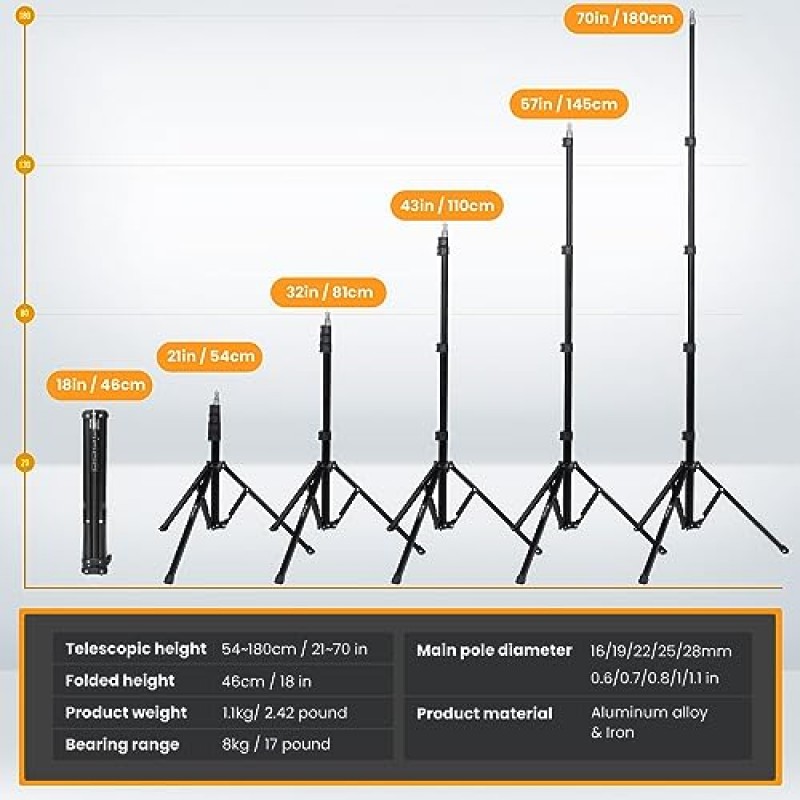 TARION 스튜디오 라이트 스탠드 180cm 휴대용 사진 조명 삼각대 스탠드 접이식 사진 스탠드 붐 사진용 알루미늄 전문 조명 스탠드 반사판 우산 소프트박스(FLS18)