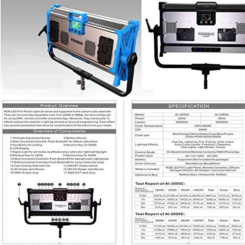 Yidoblo AI-3000C 300W RGBW LED 패널 램프 APP 제어 소프트 LED 램프 12 스튜디오 비디오 필름용 사진 조명 효과 세트(Yidoblo AI-3000 C 블랙)