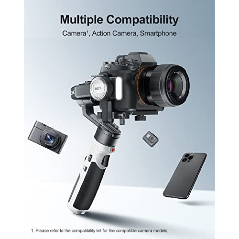 ZHIYUN Crane M2S 콤보 - 미러리스 카메라, 액션 카메라, 스마트폰용 카메라 짐벌 안정기, Sony Canon Nikon Panasonic과 호환되는 1.2파운드 경량 전문 비디오 안정기