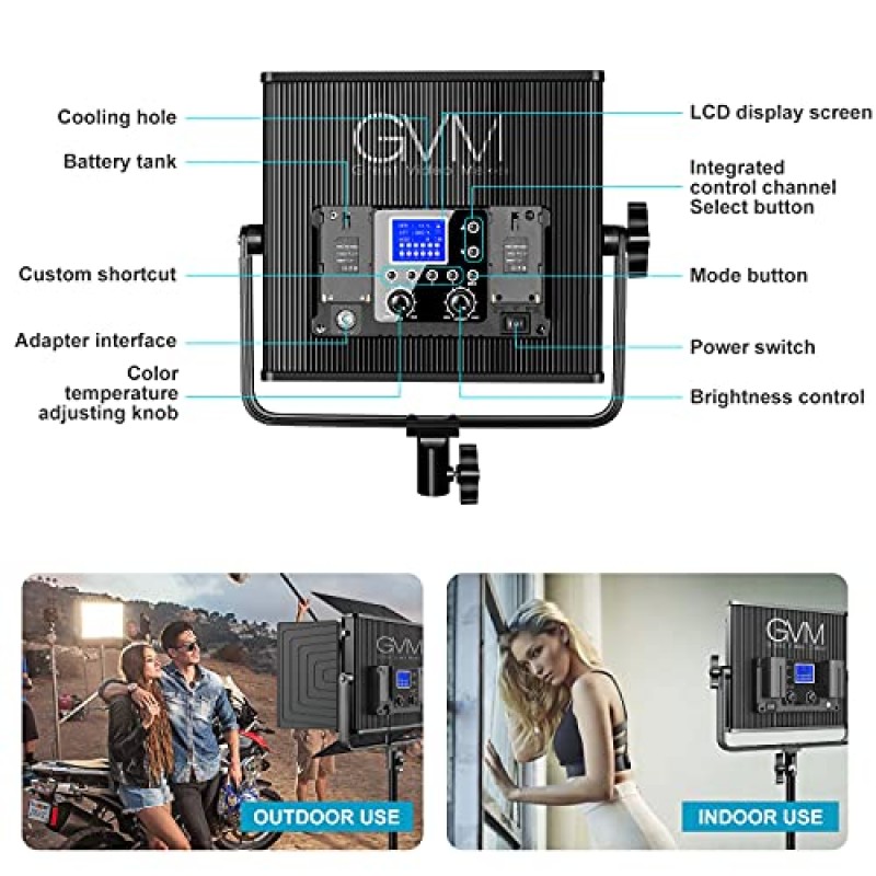 LED 비디오 조명 GVM 672S CRI97+ TLCI97+ 22000lux 조광 가능 이중 색상 3200K-5600K 조명 패널(야외 인터뷰용 디지털 디스플레이 포함) 스튜디오 비디오 제작 사진 조명 2개 키트