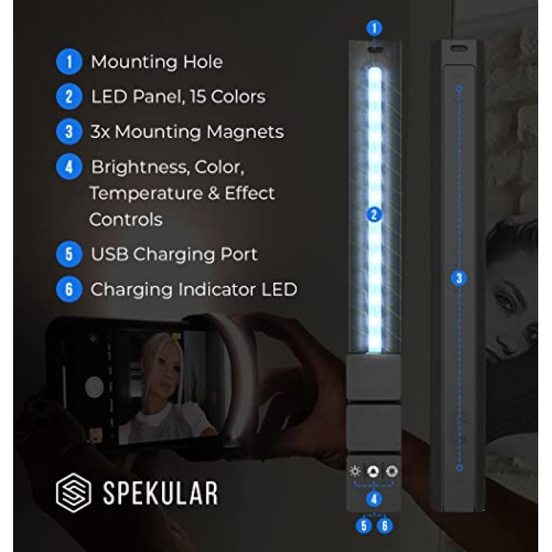 28개의 95-CRI LED 및 5가지 효과를 갖춘 Spekular LED 조명 랩, 자석 휴대용 LED 조명 지팡이로 Spiffy | 사진, 비디오그래피, 브이로깅, 콘텐츠 제작용 | KYU-6 바이컬러