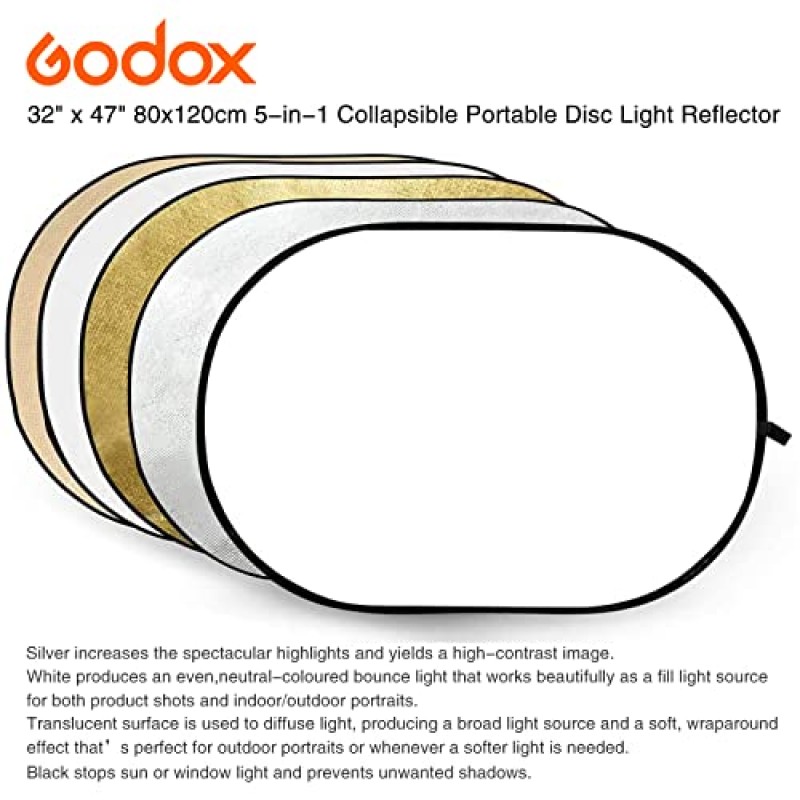 GODOX 32인치x47인치 80x120cm 5-in-1 접이식 휴대용 디스크 조명 반사판 및 스튜디오 및 사진 촬영용 가방 - 금색, 은색, 검은색, 흰색, 반투명.