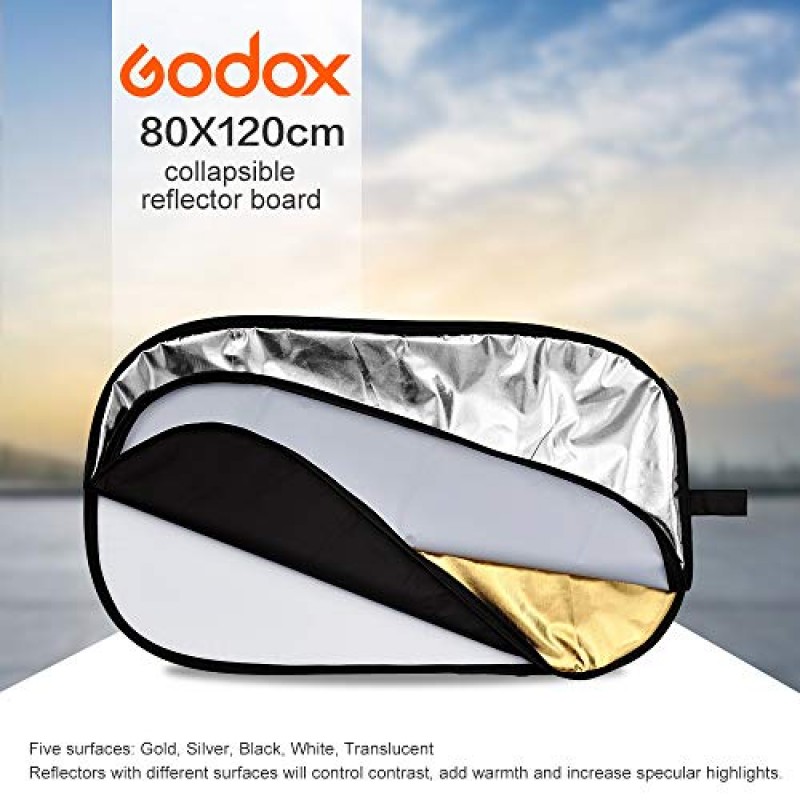 GODOX 32인치x47인치 80x120cm 5-in-1 접이식 휴대용 디스크 조명 반사판 및 스튜디오 및 사진 촬영용 가방 - 금색, 은색, 검은색, 흰색, 반투명.