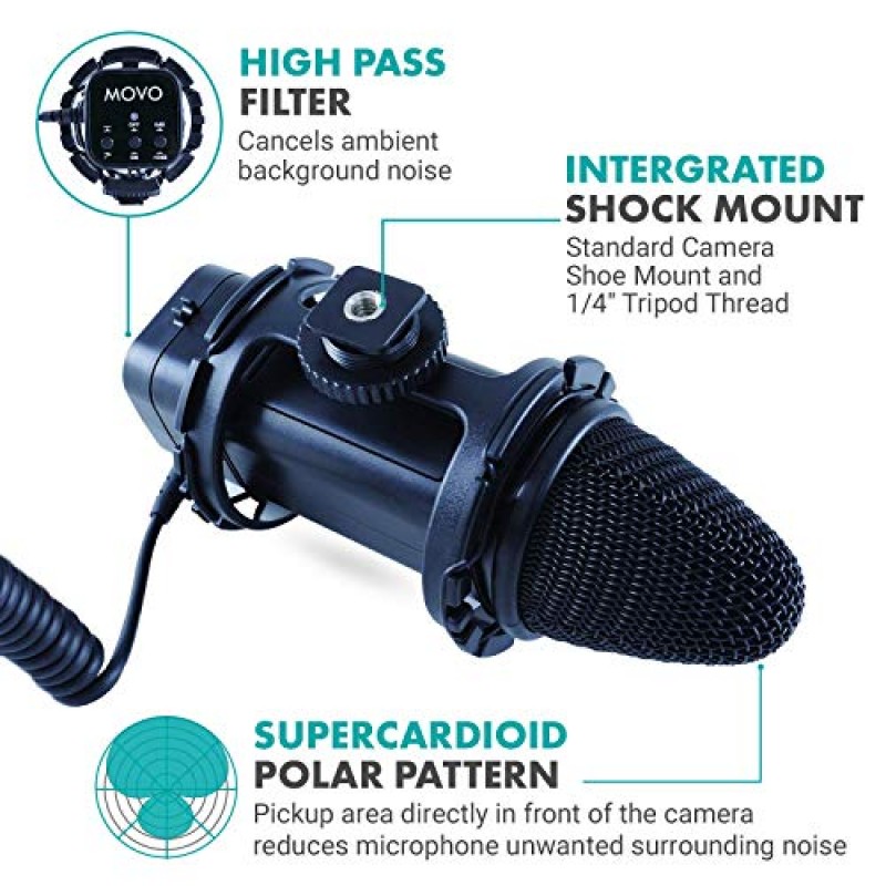 -10dB 감쇠, 로우 컷 필터, Deadcat Windsceen 및 케이스를 갖춘 Movo VXR300 X/Y 스테레오 콘덴서 비디오 마이크 - DSLR 카메라 및 캠코더와 호환 가능