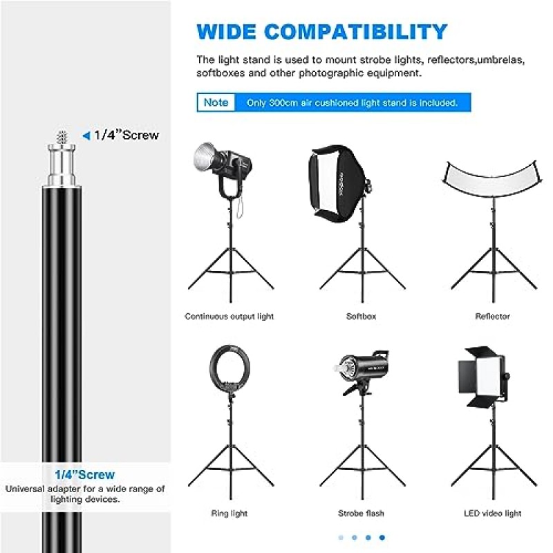 순포 알루미늄 라이트 스탠드 9.8피트/3m, 비디오 조명, 스트로브, 스피드라이트 플래시, LED 패널, 반사경, 우산, 소프트박스에 사용되는 1/4