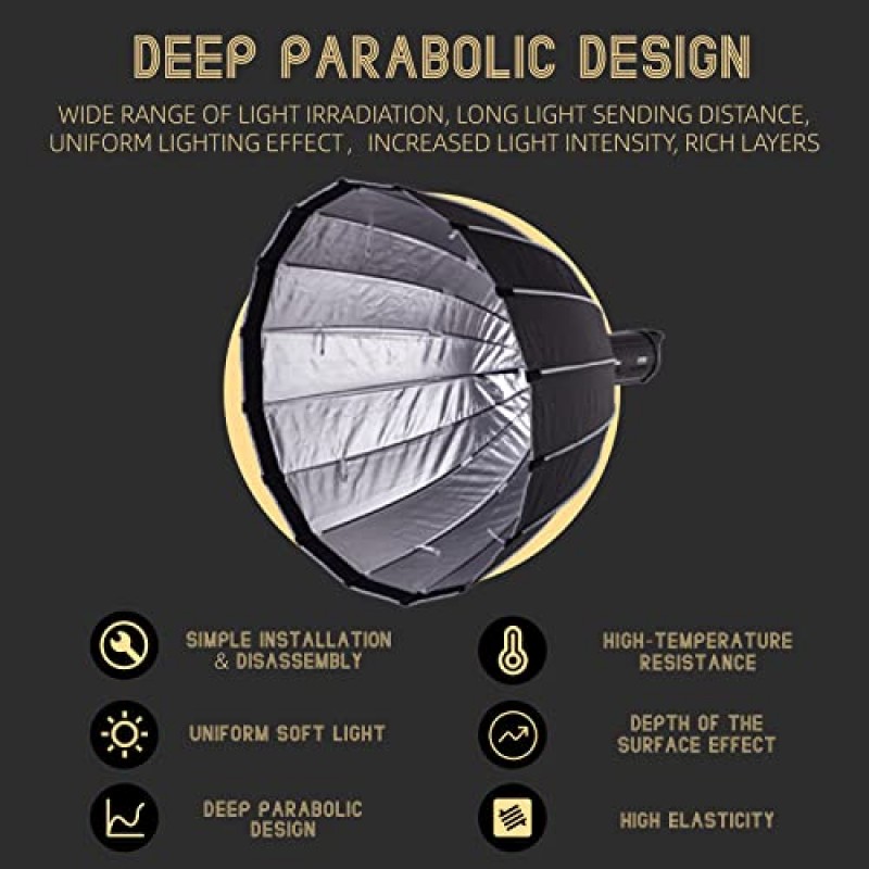 BEIYANG 파라볼릭 소프트박스, 휴대용 가방이 포함된 28인치 빠른 설정 딥 소프트박스, Godox SL-60W VL150 VL300 UL150 SL150WII SL200WII SZ150R SZ200BI 및 기타 Bowen 마운트 라이트와 호환 가능