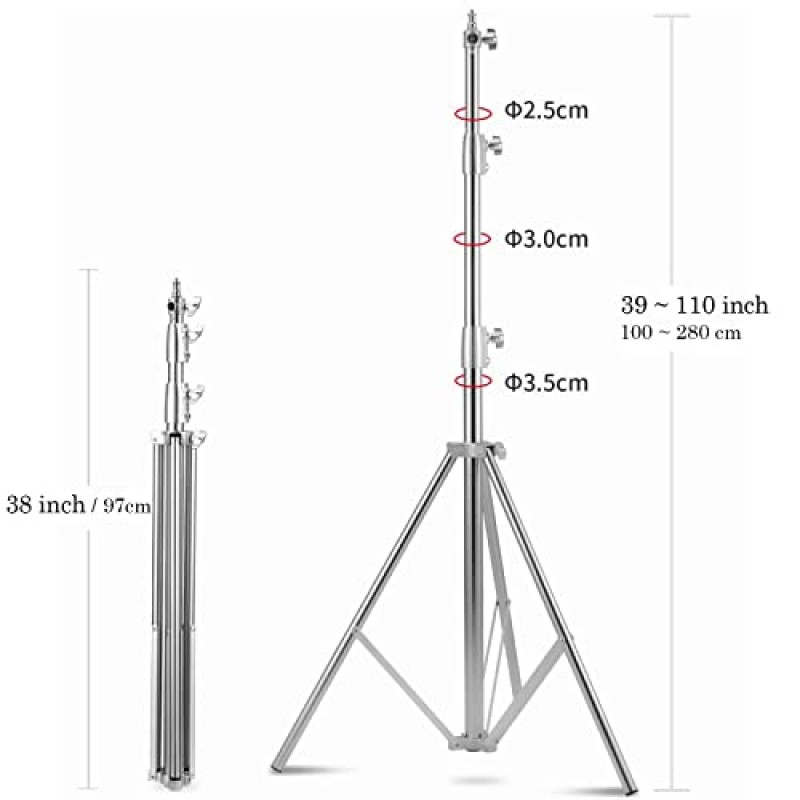 LAPGOOD 스테인레스 스틸 라이트 스탠드 110인치/9.5피트/2.8m, 사진 스튜디오 모노라이트 반사경 초상화용 1/4인치 ~ 3/8인치 범용 어댑터가 있는 스프링 쿠션 헤비듀티 삼각대 스탠드