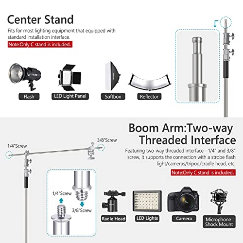 NEEWER 10피트/3미터 C-스탠드 라이트 스탠드, 4피트/1.2미터 연장 붐 암, 2피스 그립 헤드 및 사진 스튜디오 비디오 반사경, 우산, 모노라이트 등을 위한 운반 가방(기본 버전)