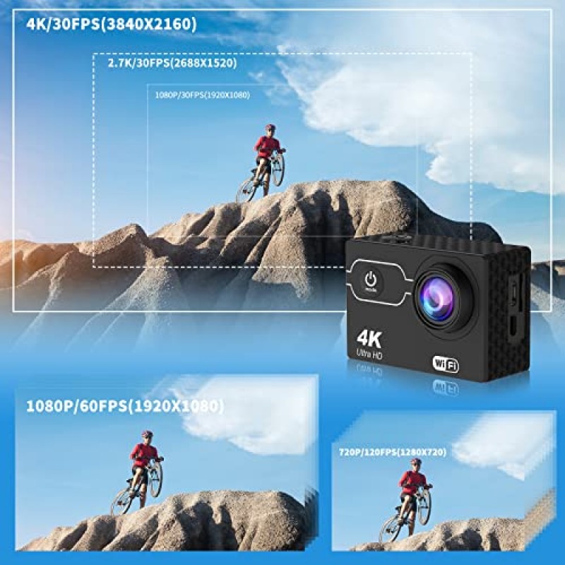 Ourlife 액션 카메라 4K 30FPS, 3X 1350mAh 배터리, 131FT Ultra HD WiFi 방수 카메라(리모컨 포함), 4X Vlog 카메라(2.0인치 IPS 스크린 포함), 내장 마이크, 헬멧 마운트 및 장착 액세서리