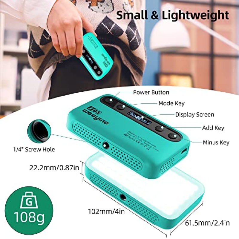 Weeylite S05 RGB LED 비디오 조명(앱 제어 포함), 2000mAh 배터리로 충전식 미니 카메라 조명 360° 풀 컬러/26 조명 효과/CRI 95+/2800-6800K 사진 및 비디오용 LED 조명 패널