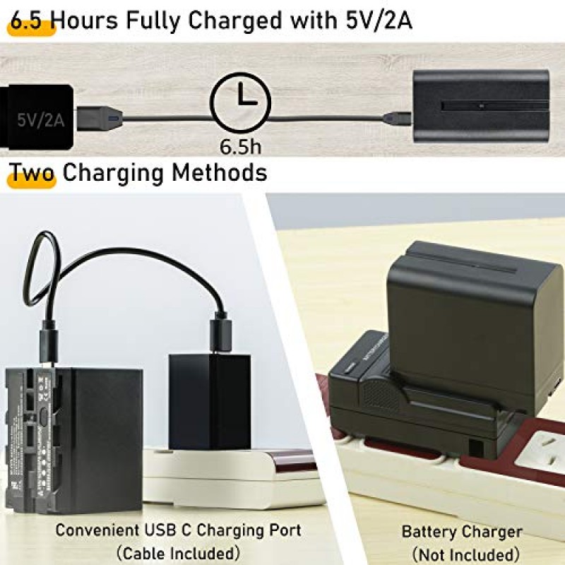 비디오 조명용 weeylite NP-F970 배터리 2팩, 카메라 조명, 링 라이트, 카메라 비디오 모니터용 USB C 충전 포트가 있는 6600mAh 교체용 리튬 이온 배터리 키트, 소니 배터리 컨테이너에 적합