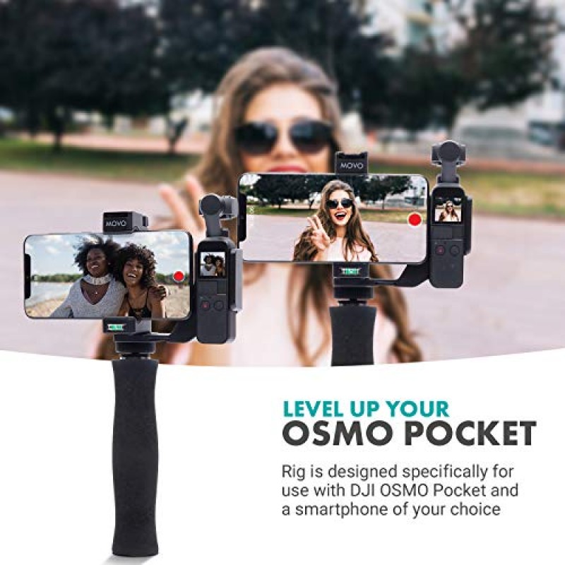 DJI OSMO Pocket 1, 2와 호환되는 Movo 비디오 리그 - 범용 스마트폰 마운트, 그립 핸들, 마이크 장착용 콜드 슈즈 2개, 조명 포함 - OSMO 포켓 마이크 및 비디오 리그