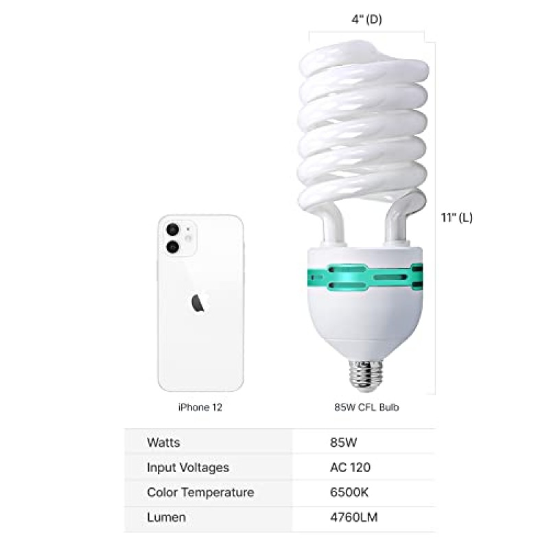 LimoStudio [x2] 풀 스펙트럼 전구 85와트, 6500K 순백색 일광 균형 CFL 전구(사진 및 비디오 조명용), AGG3043