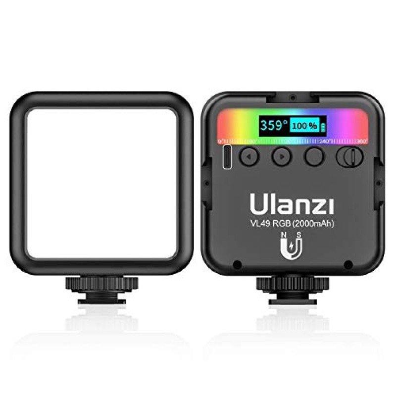 Ulanzi VL49 Led 비디오 조명(콜드 슈 3개 포함), Ulanzi VL49 RGB 비디오 조명, LED 카메라 조명 360° 풀 컬러 휴대용 사진 조명 CRI 95+ 2500-9000K 2000mAh 충전식