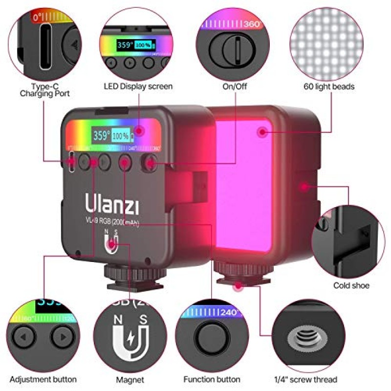 Ulanzi VL49 Led 비디오 조명(콜드 슈 3개 포함), Ulanzi VL49 RGB 비디오 조명, LED 카메라 조명 360° 풀 컬러 휴대용 사진 조명 CRI 95+ 2500-9000K 2000mAh 충전식