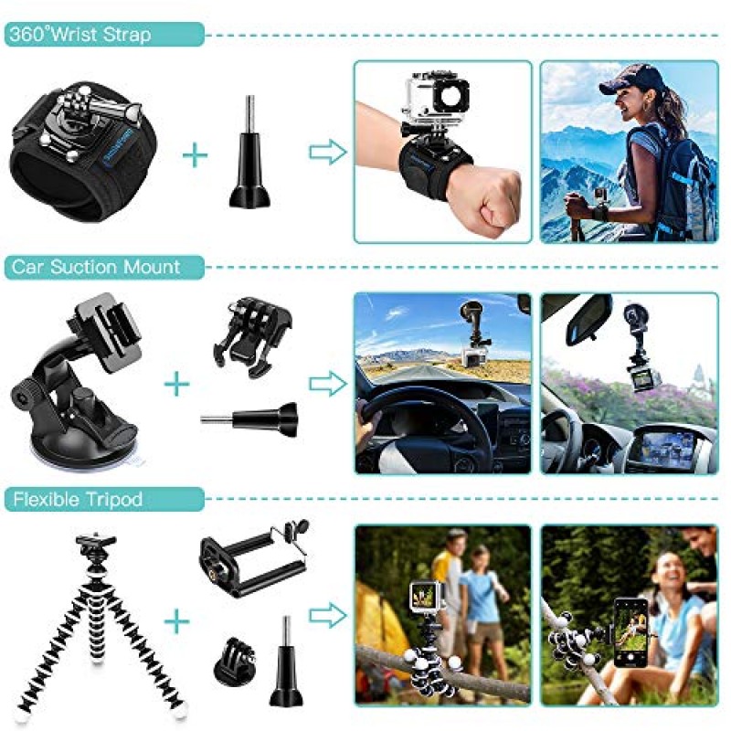 SmilePowo 48-in-1 GoPro Hero용 액세서리 키트 11 10 9 8 Max 7 6 5 4 3 3+ 2 1 검정색 GoPro 2018 세션 퓨전 실버 화이트 Insta360 DJI AKASO APEMAN YI Campark XIAOMI 액션 카메라(휴대 케이스)