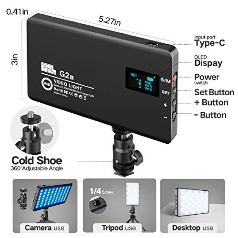 RGB 비디오 조명, 내장형 4000mAh 충전식 배터리/0-1530°/ 2500k-8500k/10 시뮬레이션 조명 효과/TLCI 97+/ 사진용 알루미늄 합금 본체 비디오 조명이 내장된 카메라 포켓 조명의 픽셀 Led