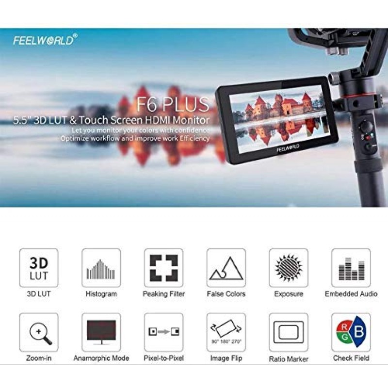 Feelworld F6 Plus 5.5인치 3D 터치 스크린 IPS FHD1920x1080 지원 4K HDMI 필드 모니터 DSLR 카메라 DC 및 Type-C 입력, 배터리 F750, 틸트 암 및 12V 어댑터(배터리 및 충전기 포함)