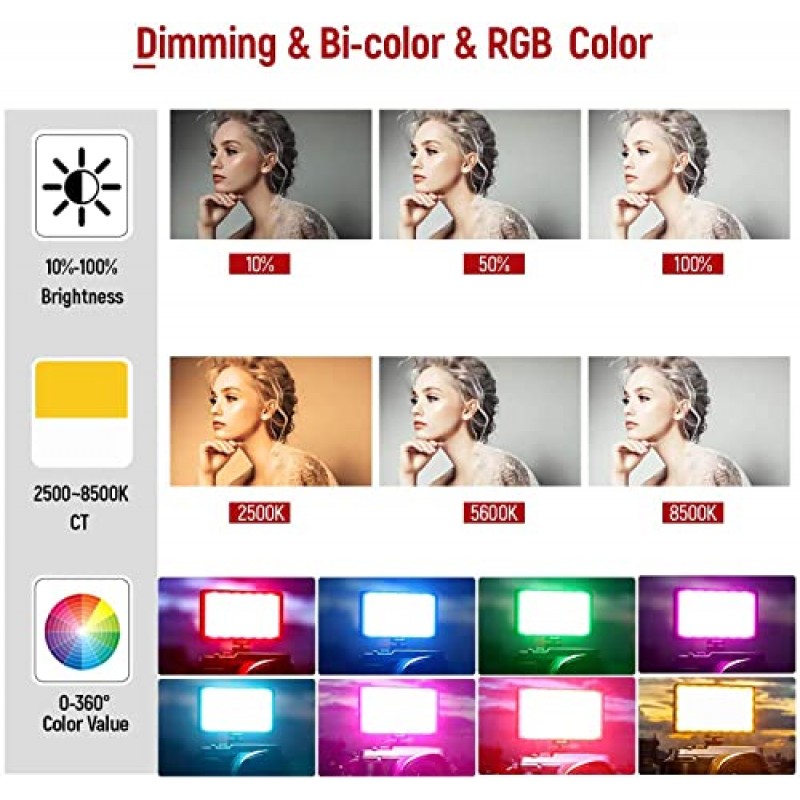 RB08P RGB LED 비디오 조명, 휴대용 LED 카메라 라이트 패널 0-360 풀 컬러 2500K-8500K CRI95+ DSLR, 동영상 블로깅, 화상 회의용 조도 조절이 가능한 충전식 알루미늄 사진 조명 YouTube 줌