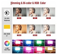 RB08P RGB LED 비디오 조명, 휴대용 LED 카메라 라이트 패널 0-360 풀 컬러 2500K-8500K CRI95+ DSLR, 동영상 블로깅, 화상 회의용 조도 조절이 가능한 충전식 알루미늄 사진 조명 YouTube 줌