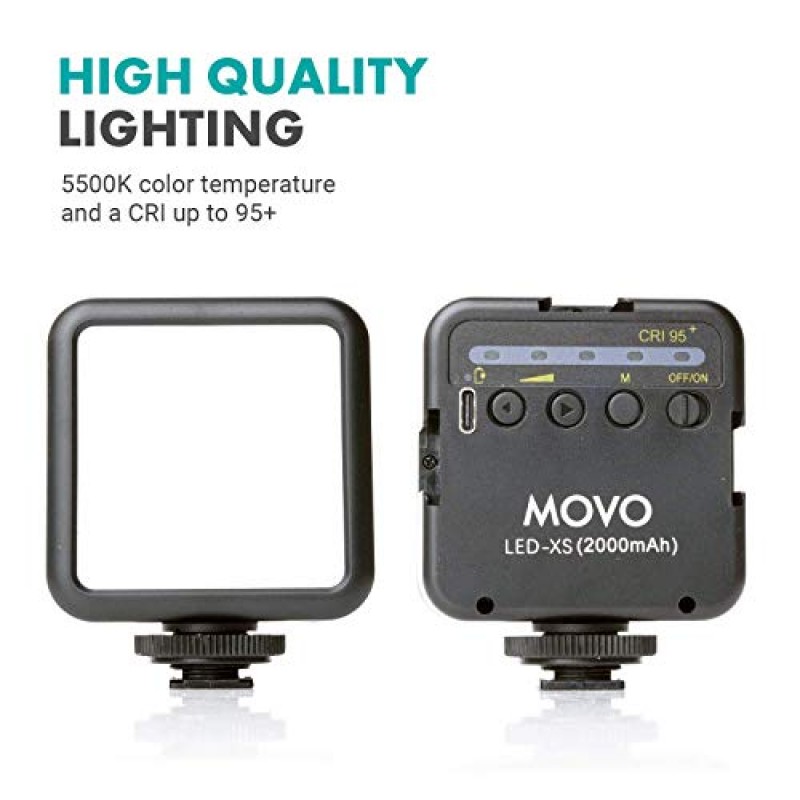 Movo LED XS 소프트 라이트 디퓨저 및 슈 마운트가 포함된 휴대용 충전식 LED 비디오 조명 - DSLR 카메라 또는 Go Pro Rig와 호환 가능 - 동영상 블로깅, 웹캠, 스트리밍, 사진 촬영을 위한 소형 LED 조명