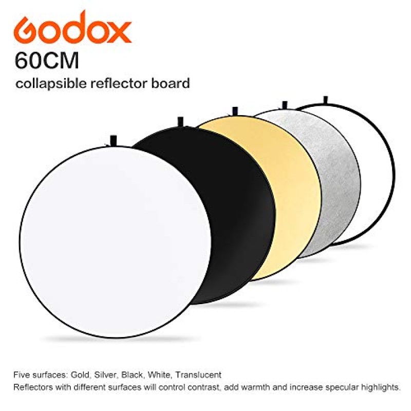 GODOX 24인치 60cm 5-in-1 접이식 원형 휴대용 디스크 라이트 반사경(스튜디오 및 사진용 가방 포함) - 골드, 실버, 블랙, 화이트, 반투명.