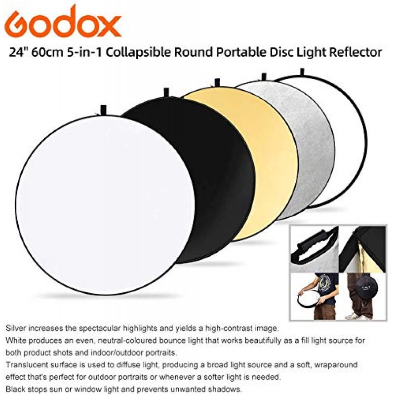 GODOX 24인치 60cm 5-in-1 접이식 원형 휴대용 디스크 라이트 반사경(스튜디오 및 사진용 가방 포함) - 골드, 실버, 블랙, 화이트, 반투명.