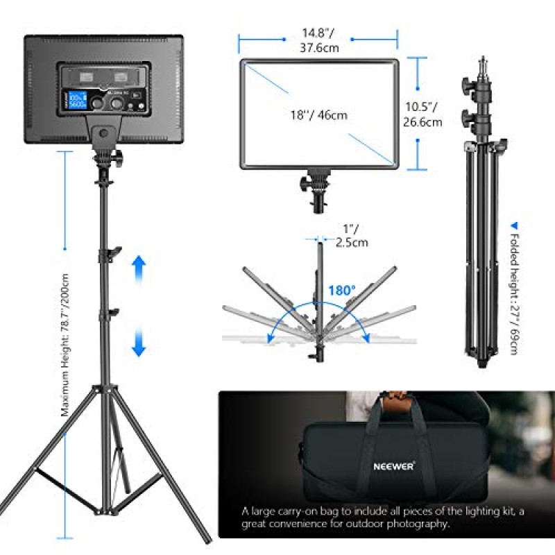 Neewer 18인치 LED 비디오 조명 패널 조명 키트(리모컨 포함), 2팩 45W 조광 가능 이중 색상 +조명 스탠드, 게임/라이브 스트리밍/YouTube/사진용 3200K~5600K 소프트 라이트 CRI 97+ 4800Lux