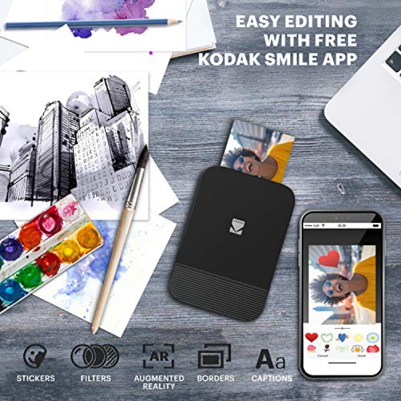 iPhone 및 Android용 KODAK Smile 인스턴트 디지털 Bluetooth 프린터 – Smile 앱이 포함된 2x3 Zink 사진 편집, 인쇄 및 공유(흑백)