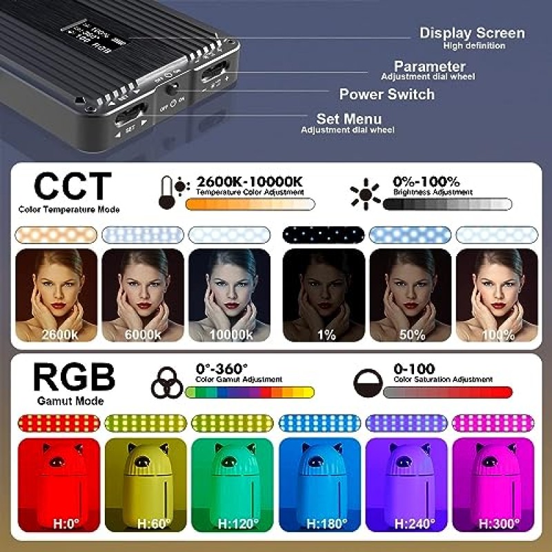 IVISII G2 포켓 RGB 카메라 조명, 32Wh 내장 4300mAh 충전식 배터리 360°풀 컬러 범위 9가지 조명 효과, 알루미늄 합금 본체가 포함된 2600-10000K LED 비디오 조명 패널, 조정 가능한 삼각대 스탠드