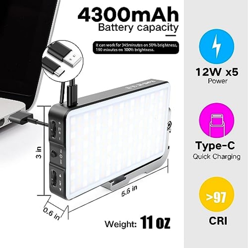 IVISII G2 포켓 RGB 카메라 조명, 32Wh 내장 4300mAh 충전식 배터리 360°풀 컬러 범위 9가지 조명 효과, 알루미늄 합금 본체가 포함된 2600-10000K LED 비디오 조명 패널, 조정 가능한 삼각대 스탠드