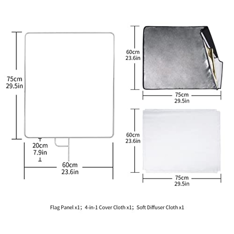Selens 금속 플래그 패널 반사판 세트(금색, 은색, 검정색, 부드러운 흰색 커버 천 및 디퓨저 포함), 인물 사진 사진 비디오 촬영용 패널 라이트 반사판, 24x30in/60x75cm